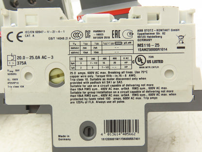 ABB MS116-25 Manual Motor Starter Circuit Breaker 20-25A Trip Class 10 Lot of 4