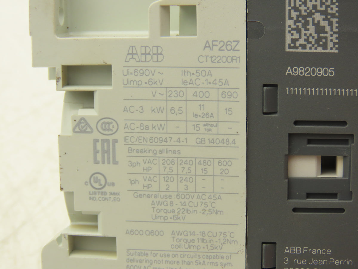 ABB AF26Z-30-00-21 Contactor 26A 3-Pole w/CA4 Side Aux Contacts Lot of 4