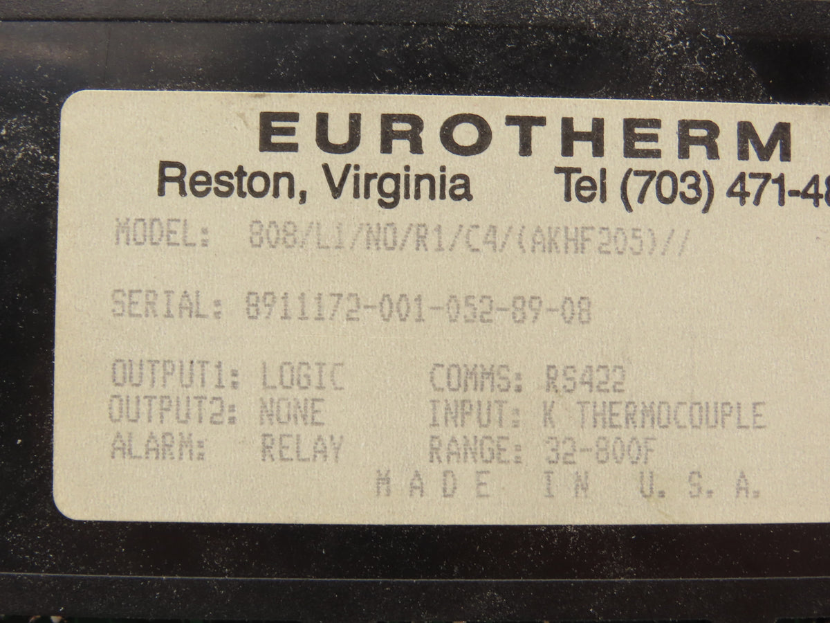 Eurotherm 808/L1/NO/R1/C4 1/8 DIN Temperature Controller K TC RS422 32-800°F