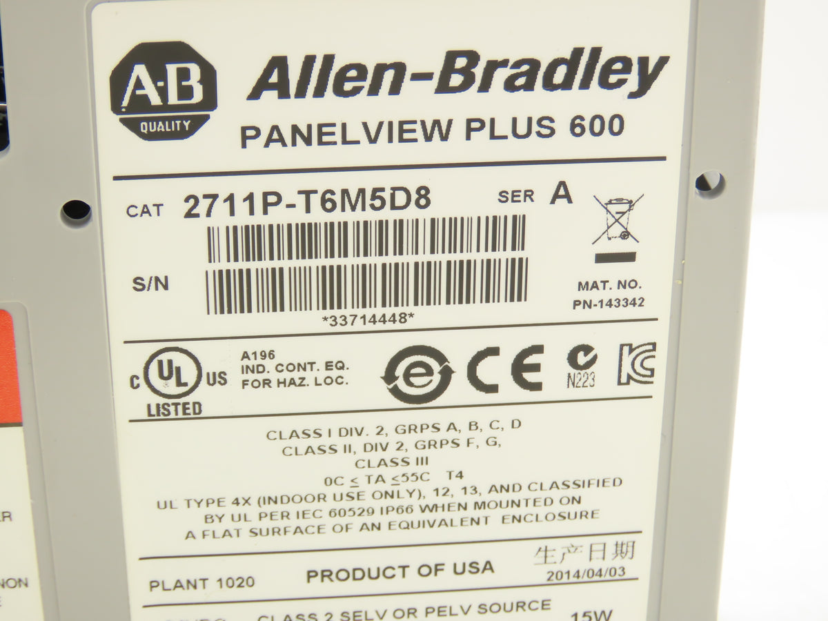 Allen Bradley 2711P-T6M5D8 PanelView Plus 600 Touch Screen Ser A 24VDC 5.7"