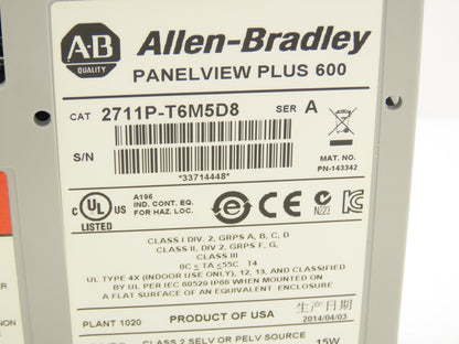 Allen Bradley 2711P-T6M5D8 PanelView Plus 600 Touch Screen Ser A 24VDC 5.7"