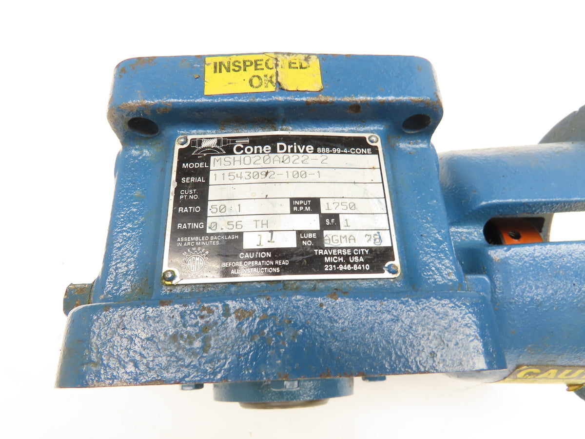 Cone Drive MSHO20A022-2 Worm Gearbox 50:1 Reducer 35 RPM 56C Hollow Shaft