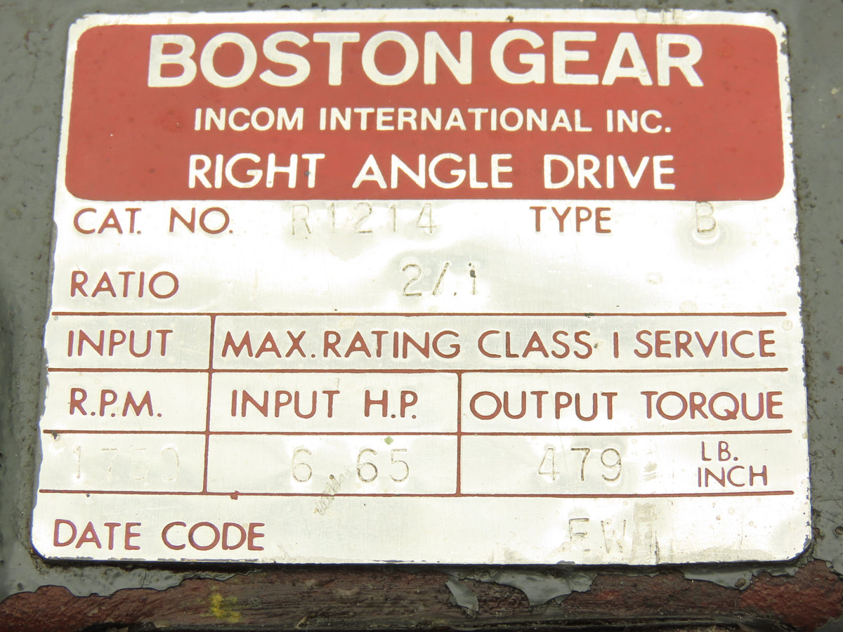 Boston Gear R1214-2 B Right Angle Drive 2:1 Gearbox 6.65Hp 875 RPM 1" Dual Shaft