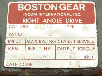 Boston Gear R1214-2 B Right Angle Drive 2:1 Gearbox 6.65Hp 875 RPM 1" Dual Shaft
