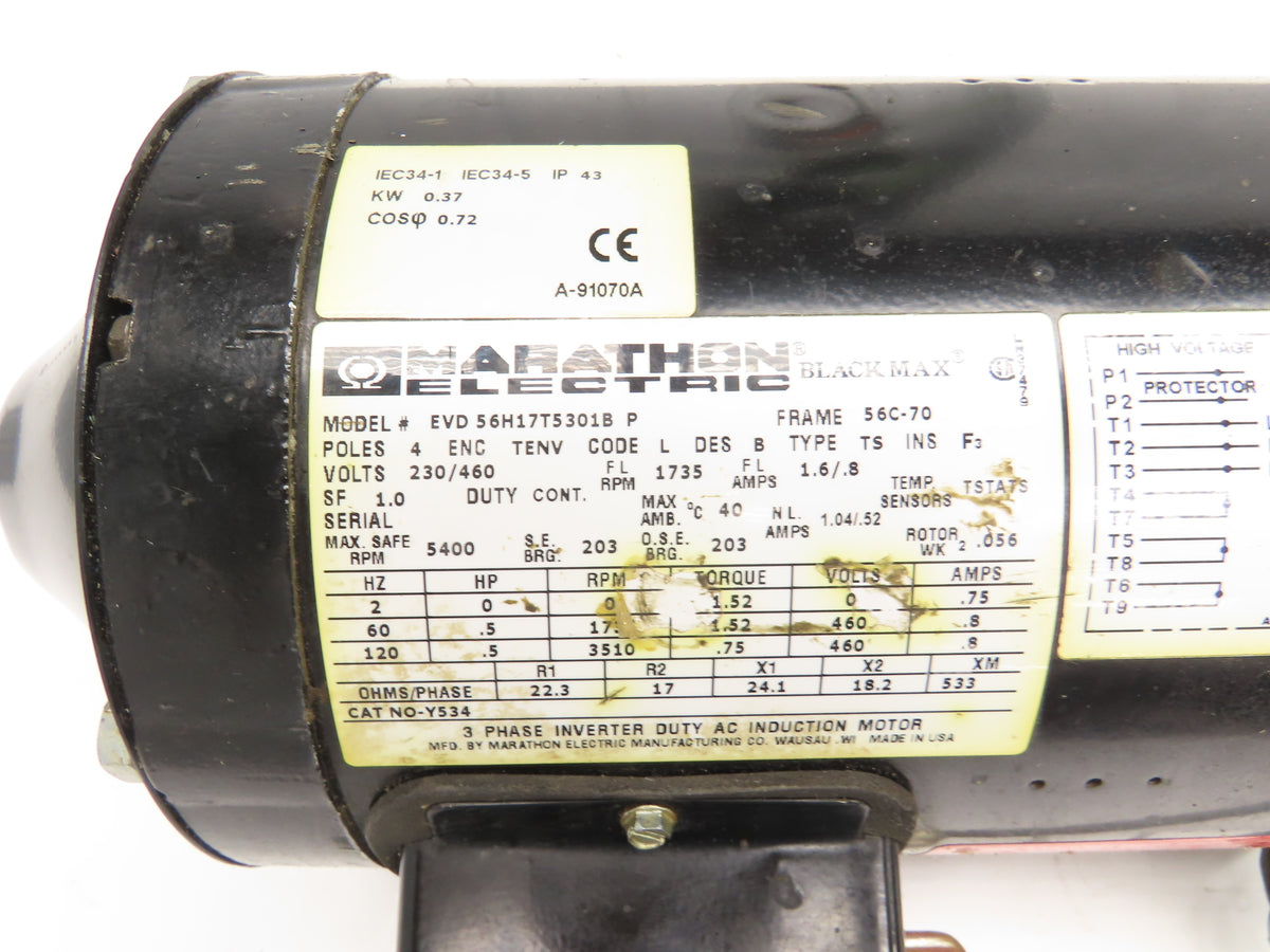 Marathon EVD56H17T5301B P Brake Motor 1/2Hp 1735rpm 460V 3PH Sterns 105673228QF