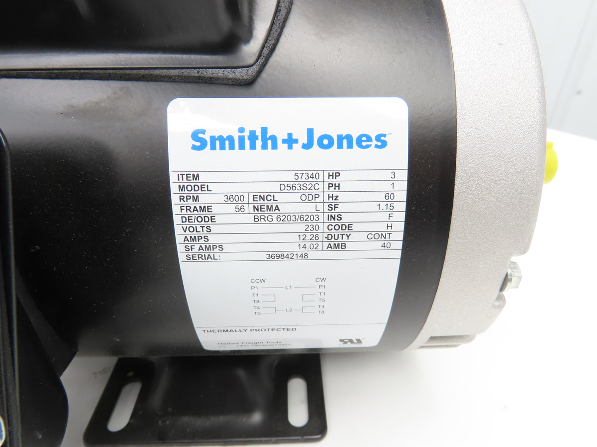 Smith+Jones D563S2C AC Motor 3Hp 3600rpm 230V 1Ph 56C ODP 57340