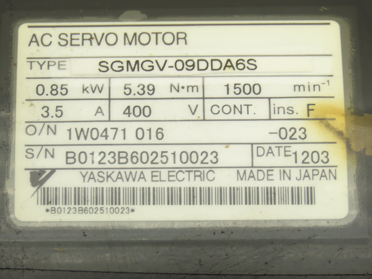 Yaskawa SGMGV-09DDA6S AC Servo Motor .85kw 1500 RPM 400V Encoder UTTIH-B20FK