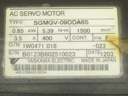 Yaskawa SGMGV-09DDA6S AC Servo Motor .85kw 1500 RPM 400V Encoder UTTIH-B20FK