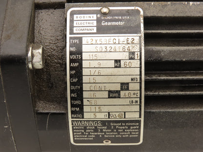 Bodine Electric 42X5BFCI-E2 Gearmotor 115v 1/6Hp 15:1 Reducer 115rpm