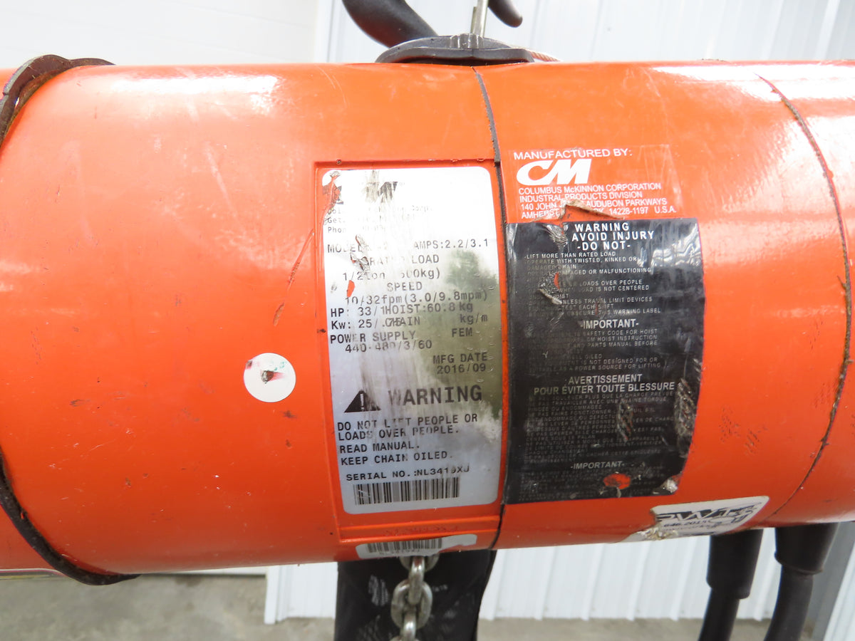 CM Lodestar J2 1/2 Ton 1000lb Electric Chain Hoist 20' Lift 2-Spd 32/10 FPM 480V