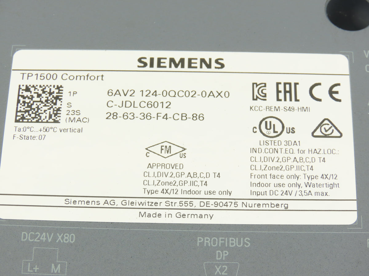 Siemens 6AV2 124-0QC02-0AX0 Simatic HMI Touch Screen TP1500 Comfort Panel 24VDC