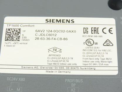 Siemens 6AV2 124-0QC02-0AX0 Simatic HMI Touch Screen TP1500 Comfort Panel 24VDC