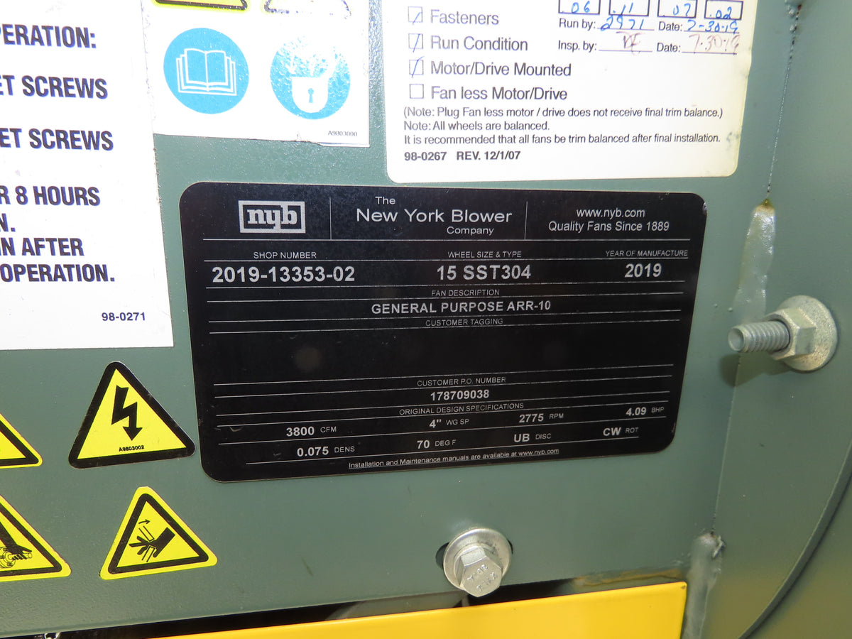 New York Blower ARR-10 Backward Inclined Fan 15" 5Hp 2775 RPM 3Ph 460V 3800 CFM