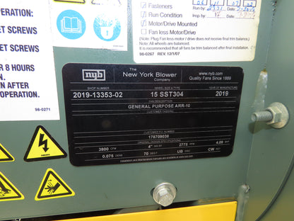 New York Blower ARR-10 Backward Inclined Fan 15" 5Hp 2775 RPM 3Ph 460V 3800 CFM