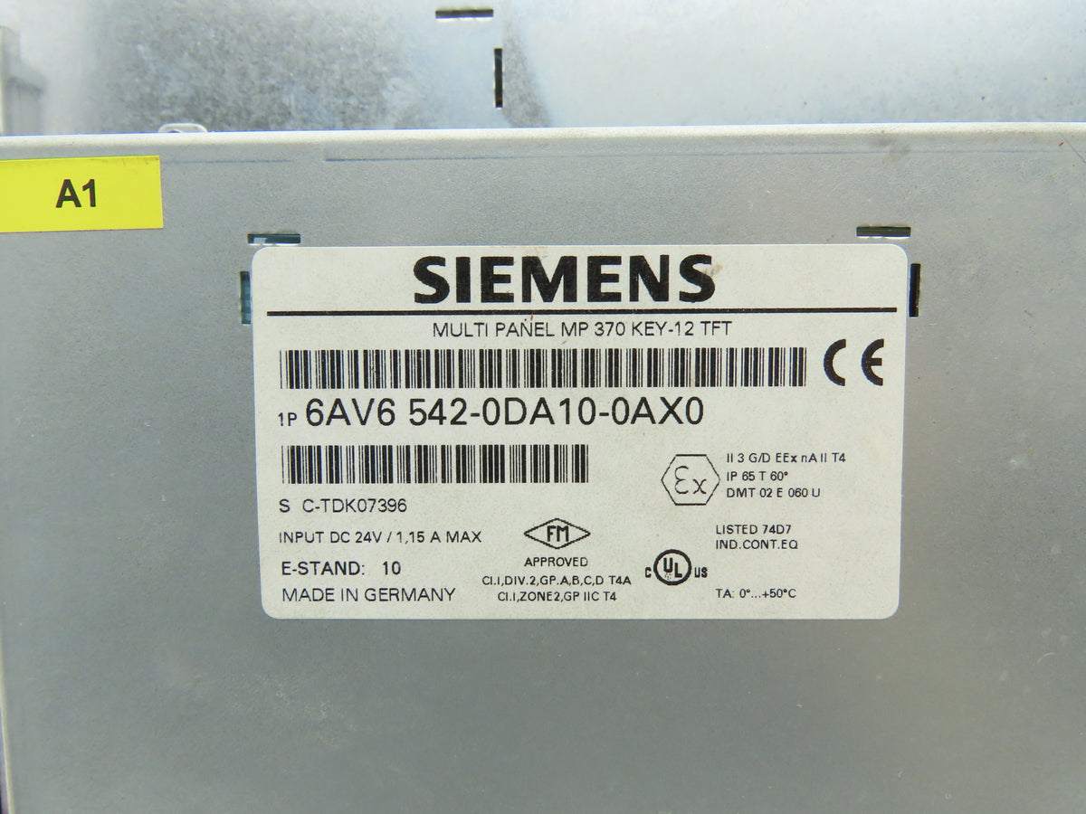 Siemens 6AV6542-0DA10-0AX0 MP 370 SIMATIC 12" TFT Color Multi Panel HMI 24VDC