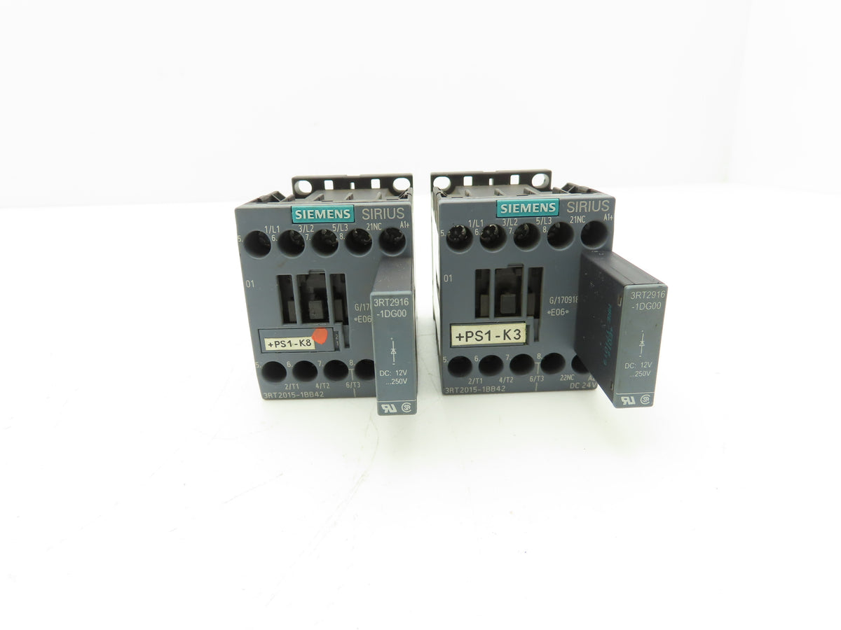 Siemens 3RT2015-1BB42 Contactor 3kW w/3RT2916-1DG00 Surge Suppressor Lot of 2
