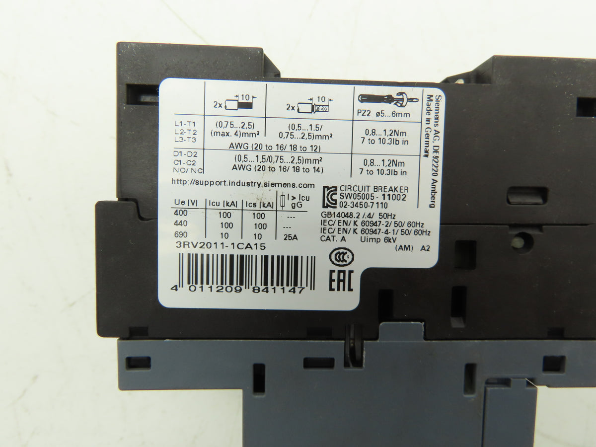 Siemens 3RV2011-1CA15 Motor Starter Protector 1.8-2.5A 1NO+1NC Aux S00 Lot of 2