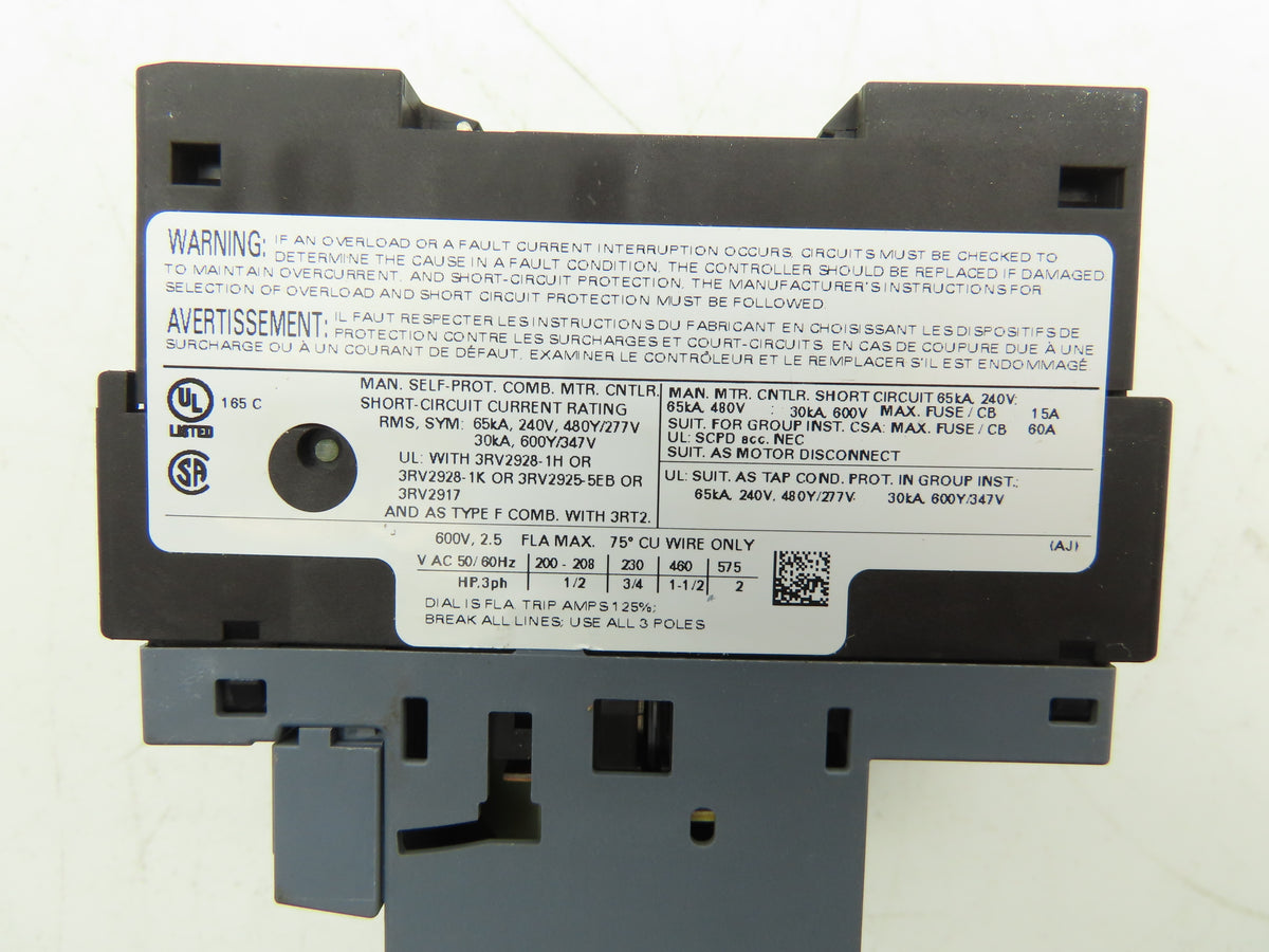 Siemens 3RV2011-1CA15 Motor Starter Protector 1.8-2.5A 1NO+1NC Aux S00 Lot of 2