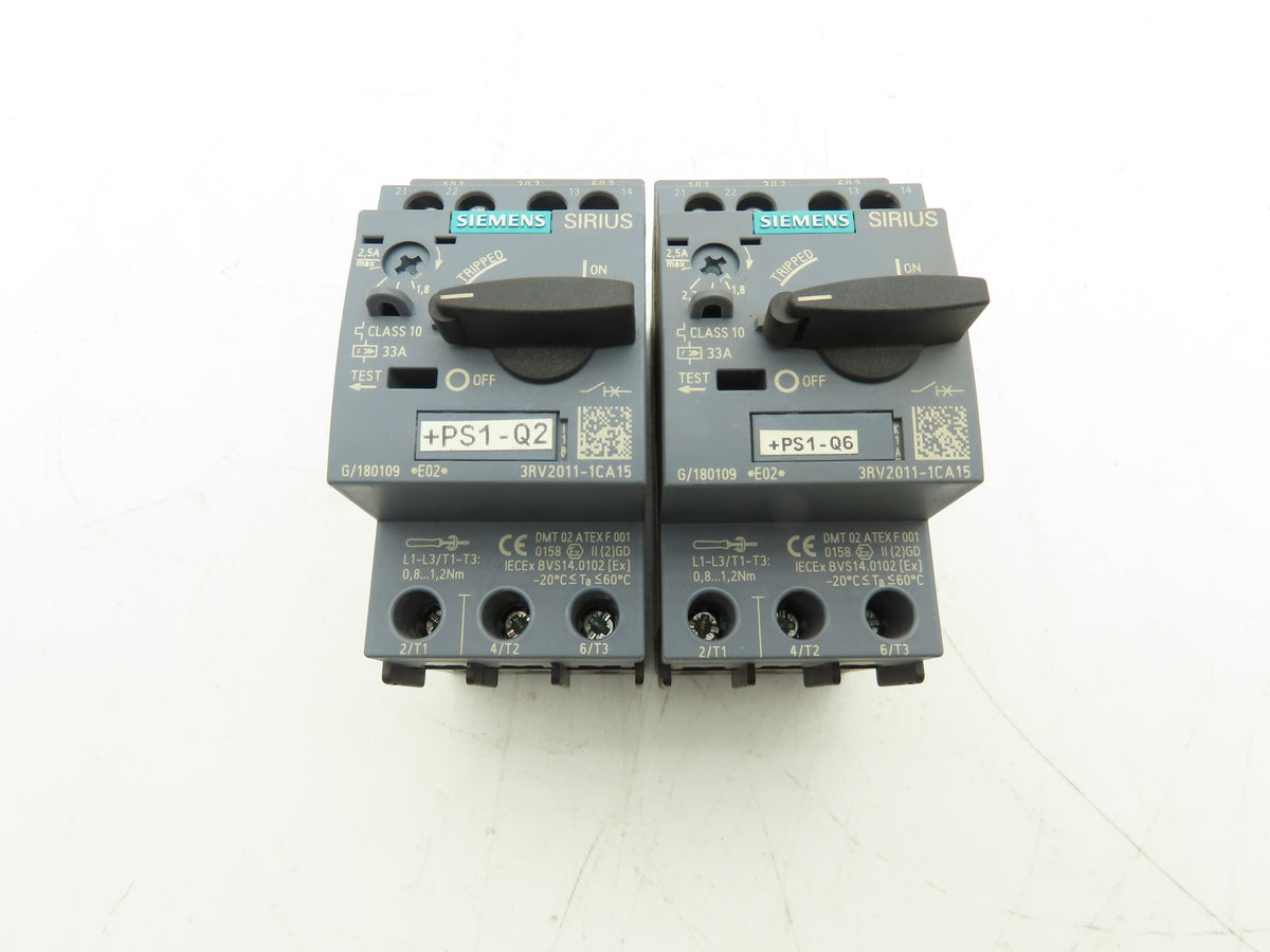 Siemens 3RV2011-1CA15 Motor Starter Protector 1.8-2.5A 1NO+1NC Aux S00 Lot of 2