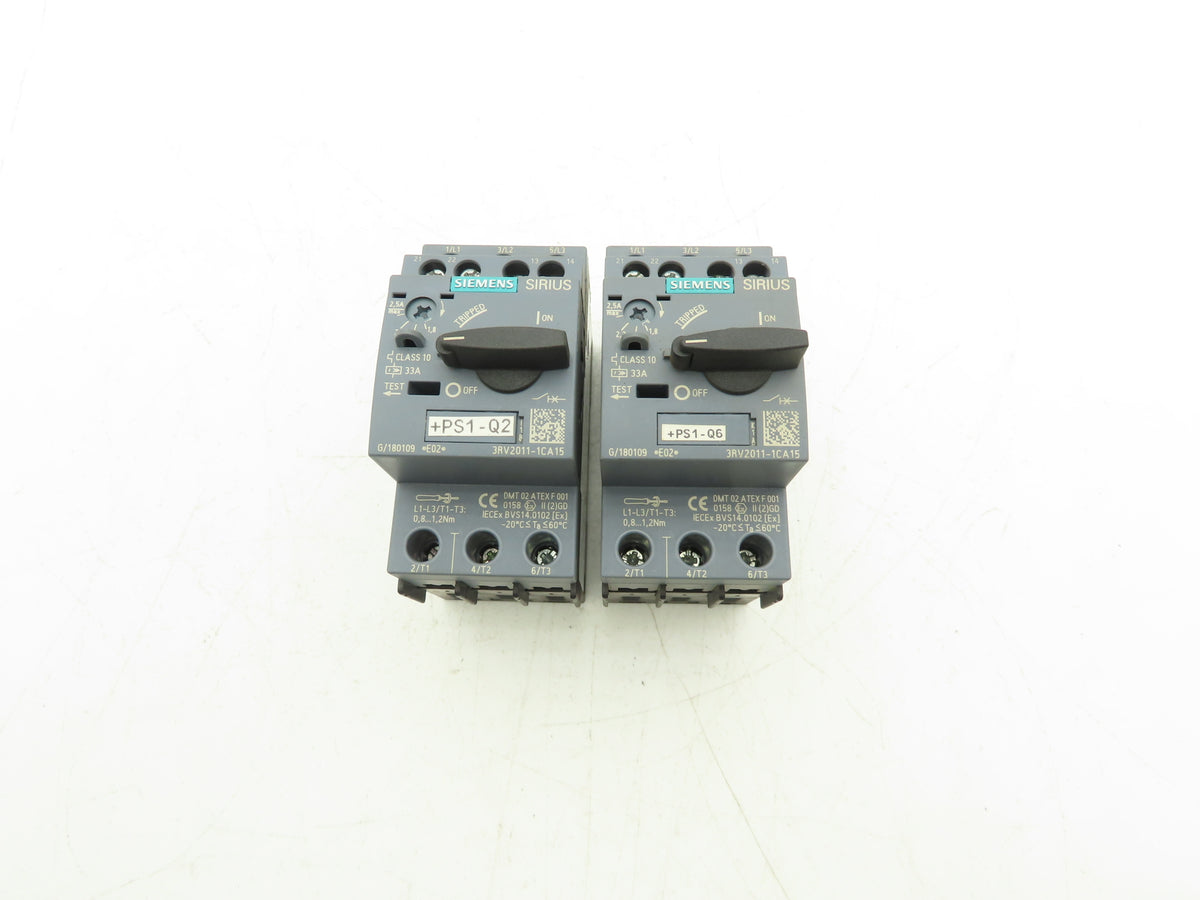 Siemens 3RV2011-1CA15 Motor Starter Protector 1.8-2.5A 1NO+1NC Aux S00 Lot of 2
