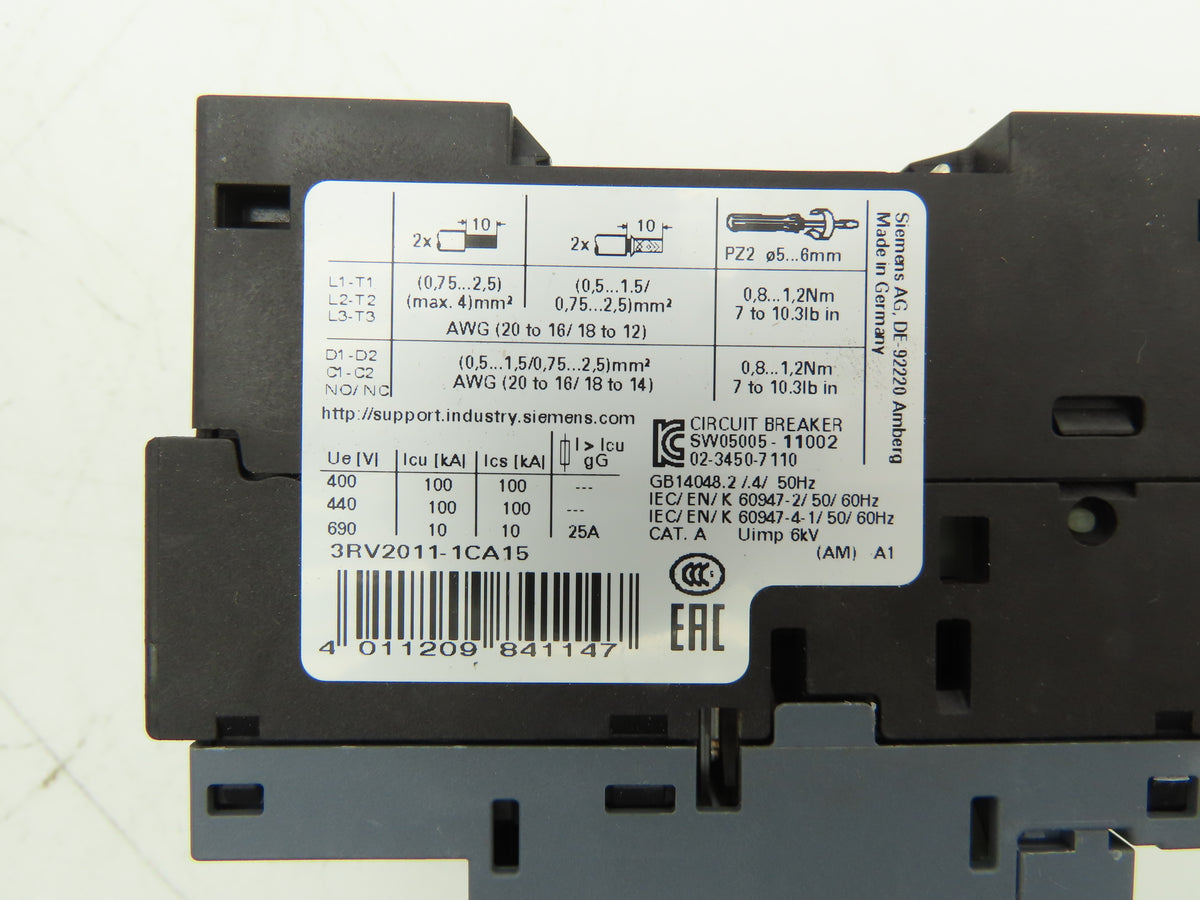 Siemens 3RV2011-1CA15 Motor Starter Protector 1.8-2.5A 1NO+1NC Aux S00 Lot of 3