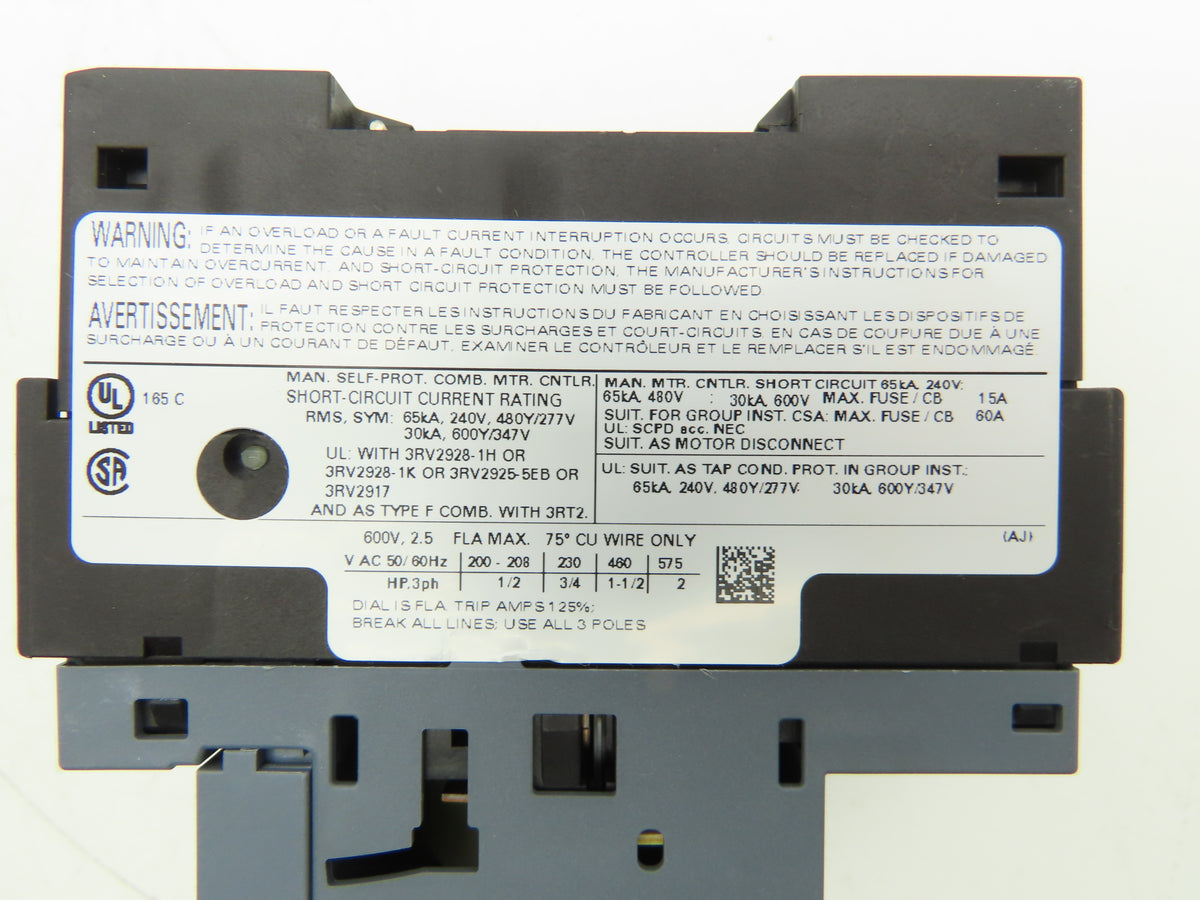 Siemens 3RV2011-1CA15 Motor Starter Protector 1.8-2.5A 1NO+1NC Aux S00 Lot of 3