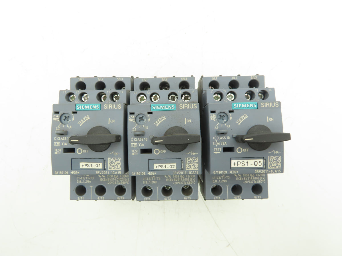 Siemens 3RV2011-1CA15 Motor Starter Protector 1.8-2.5A 1NO+1NC Aux S00 Lot of 3