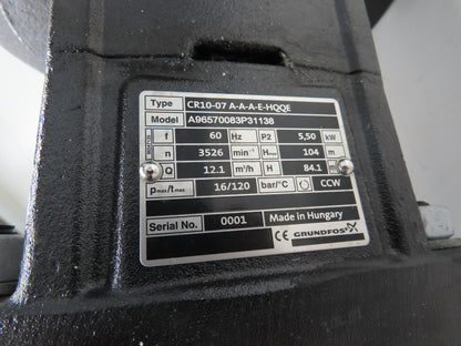 Grundfos CR10-07 A-A-A-E-HQQE Centrifugal Inline Pump 5.5kw 480V 3PH READ