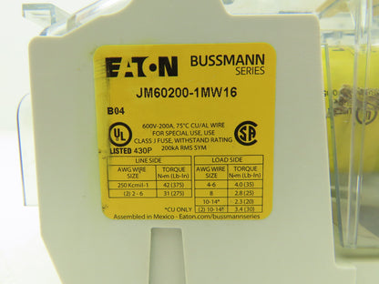 Eaton Bussmann JM60200-1MW16 Class J Power Distribution Fuse Block 200A 600V 1P