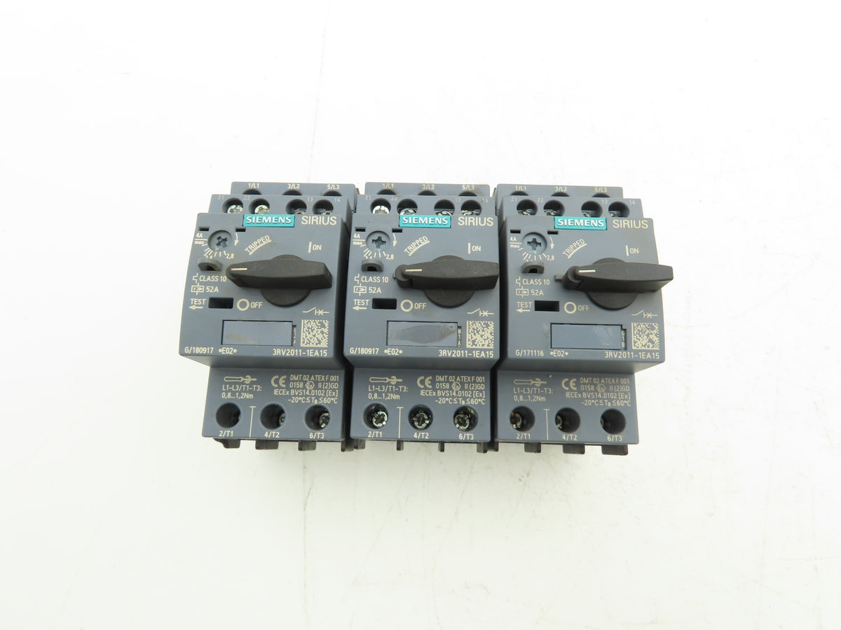 Siemens 3RV2011-1EA15 Motor Starter Protector 2.8-4A S00 w/ 1NO+1NC Aux Lot of 3