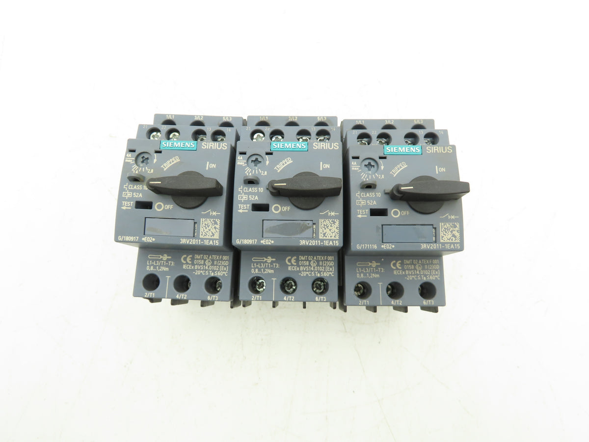 Siemens 3RV2011-1EA15 Motor Starter Protector 2.8-4A S00 w/ 1NO+1NC Aux Lot of 3