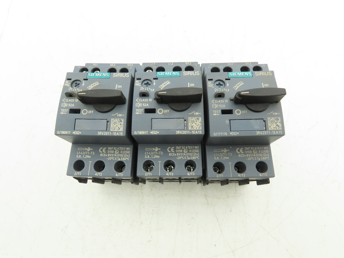 Siemens 3RV2011-1EA15 Motor Starter Protector 2.8-4A S00 w/ 1NO+1NC Aux Lot of 3