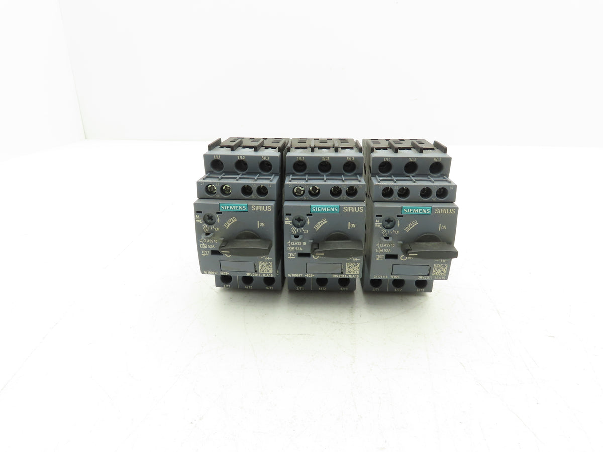 Siemens 3RV2011-1EA15 Motor Starter Protector 2.8-4A S00 w/ 1NO+1NC Aux Lot of 3