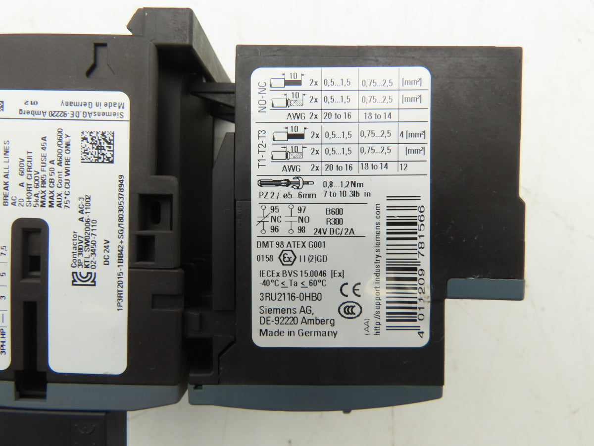 Siemens 3RT2015-1BB42 Contactor 3RU2116-0HB0 24VDC w/Overload 0.55-0.8A Lot of 6