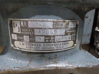 L&J No 36 Mechanical OBI Punch Press 36 Ton 3" Stroke 3Hp 3Ph Brake