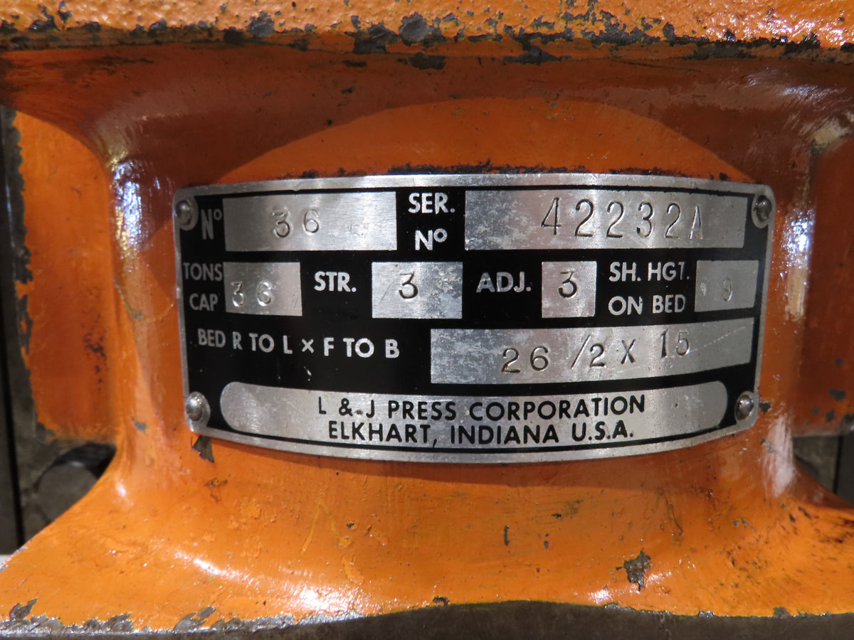 L&J No 36 Mechanical OBI Punch Press 36 Ton 3" Stroke 10Hp VFD Drive