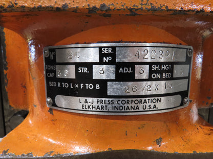L&J No 36 Mechanical OBI Punch Press 36 Ton 3" Stroke 10Hp VFD Drive