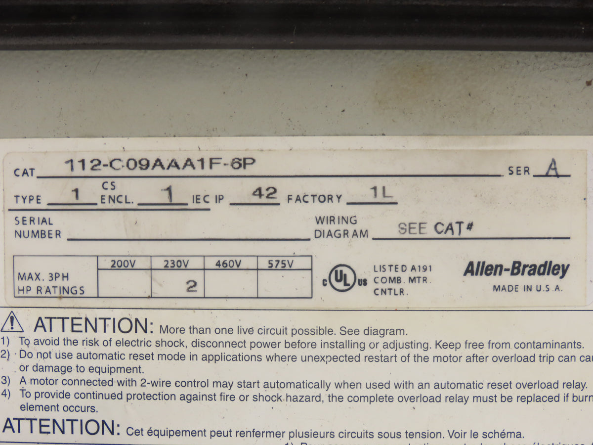 Allen Bradley 112-C09AAA1F-6P IEC Combination Motor Starter Disconnect 230V 3PH