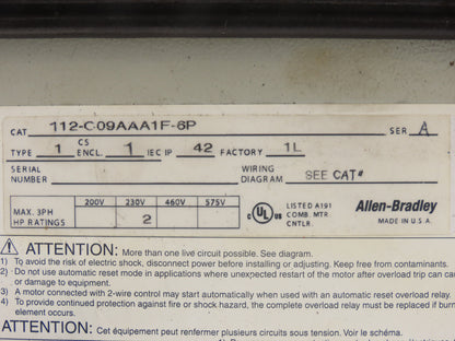 Allen Bradley 112-C09AAA1F-6P IEC Combination Motor Starter Disconnect 230V 3PH