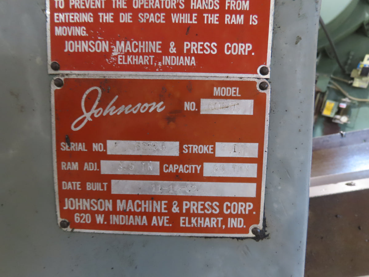 Johnson 60BGC Mechanical OBI Punch Press 60 Ton 32"x 21" Bed 4" Stroke Footpedal