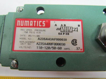 Numatics A23SA400F000030 A23SA43AF000030 Pneumatic Solenoid Valve 120V 150psi