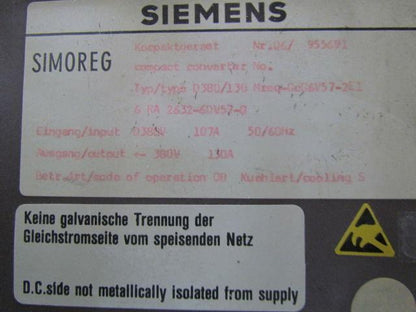 Siemens 6 RA 2632-6DV5.7-0 6RA2632-6DV57-0 DC Drive, Rack Assembly Type D380/130