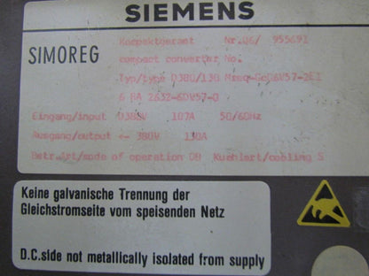 Siemens 6 RA 2632-6DV5.7-0 6RA2632-6DV57-0 DC Drive, Rack Assembly Type D380/130