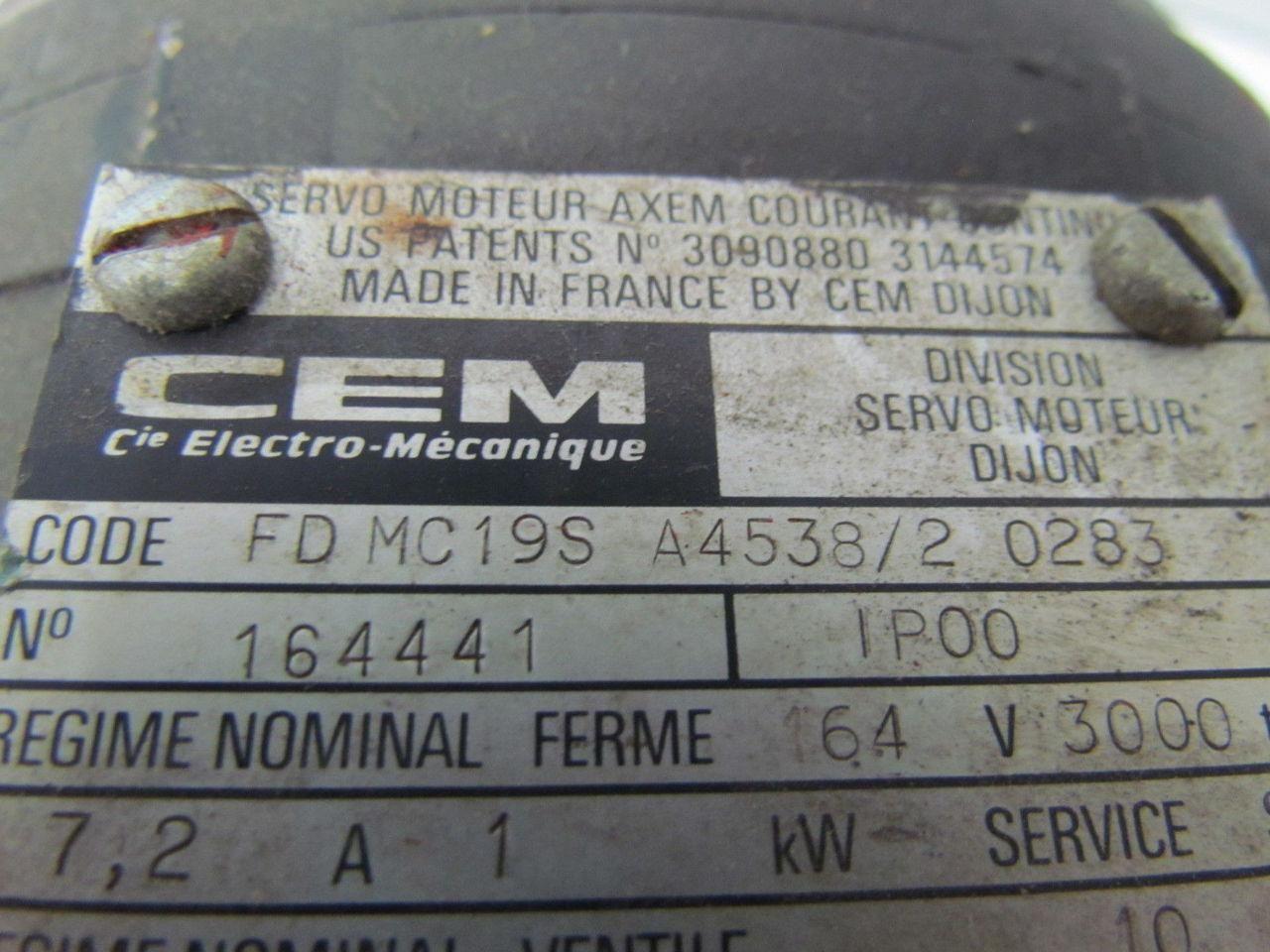 CEM Electro-Mecanique FD MC19S A4538/2 0283 1 KW 3000 RPM Servo Motor 7.2 AMP