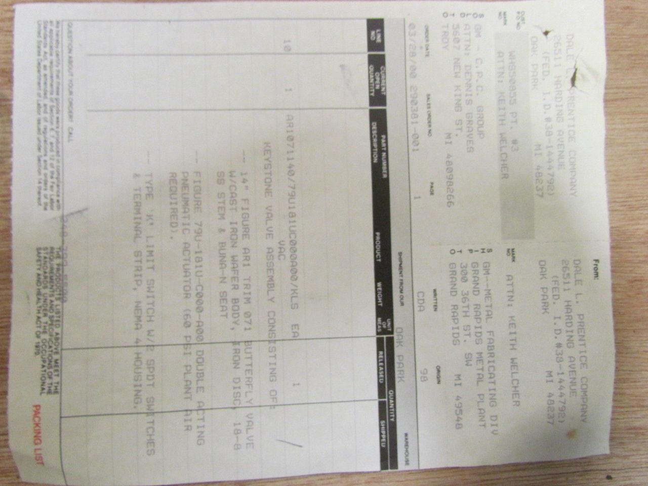 Keystone Tyco 79U-181U-C000-A00 Pneumatic Acuator 14" Butterfly Valve AR1 071