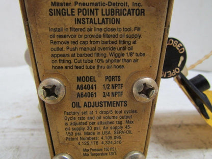 MP Master Pneumatic-Detroit A64041 1/2" NPTF Single Point Lubricator New