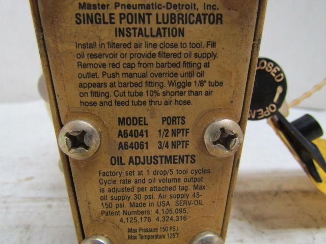MP Master Pneumatic-Detroit A64041 1/2" NPTF Single Point Lubricator New