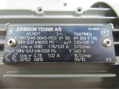 Johnson TEKNIK A/S .43KW .58HP 1670RPM 230/400/460V TEFC Electric Motor IEC 71