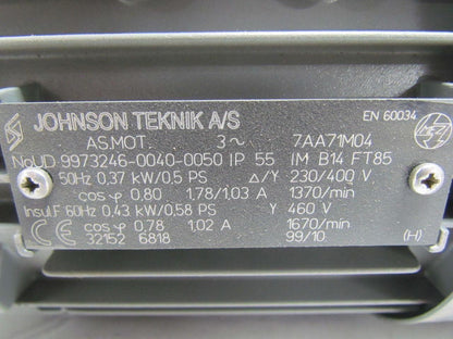 Johnson Teknik A/S .43KW .58HP 230/400/460V Electric Motor w/10:1 STM Gearbox