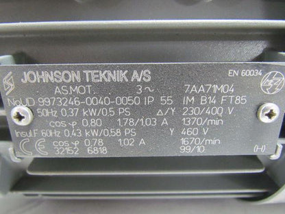 Johnson Teknik A/S .43KW .58HP 230/400/460V Electric Motor w/10:1 STM Gearbox